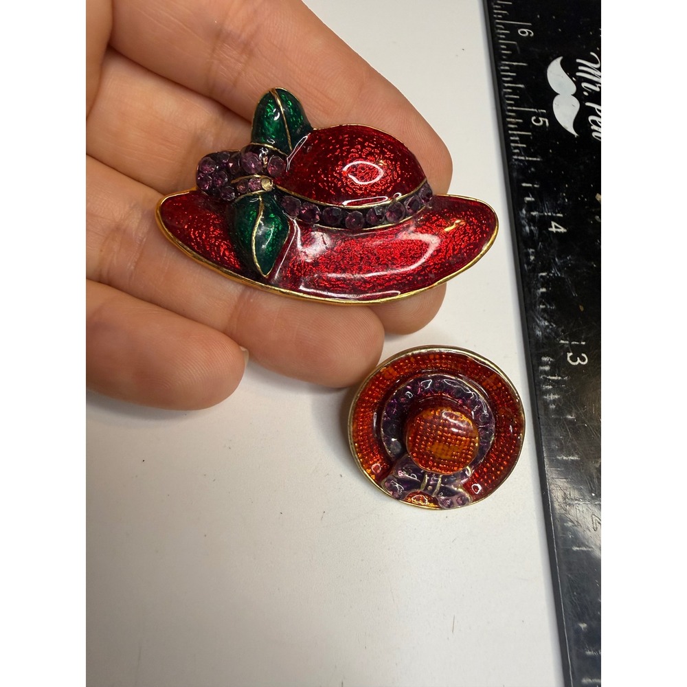 Red Hat Society Brooch Pin Set Enamel Purple Rhinestone Gold Tone Hat Jewelry
